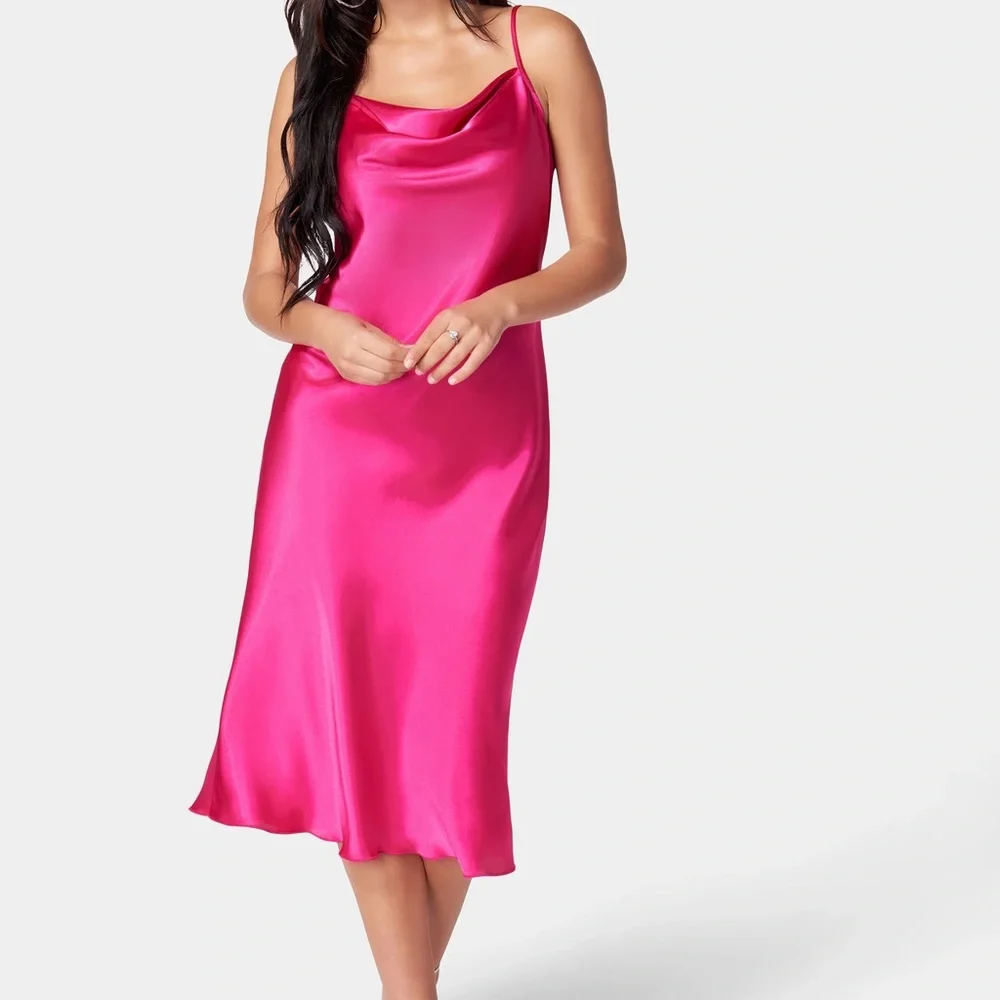 hot pink satin slip dress Hot Pink Satin Cowl Neck Sleeveless Mini Slip Dress